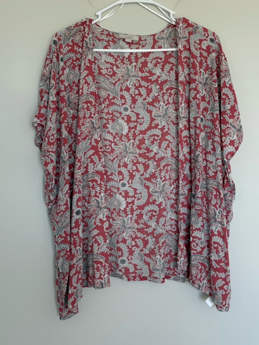Kimono Wrap Duster Vest Lightweight XS/S LOFT Pink Floral Boho Short Sleeve